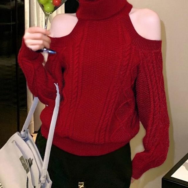 Strawolf-Cold Shoulder Turtleneck Plain Cable Knit Sweater