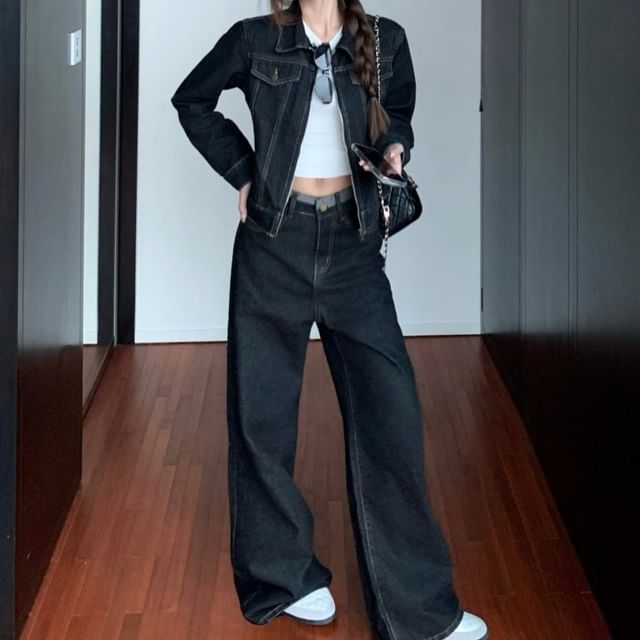 Strawolf-Collared Contrast Stitched Zip-Up Denim Jacket Low Waist Hot Pants Wide Leg Jeans