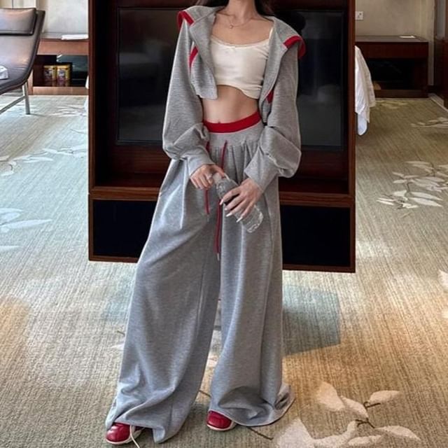 Strawolf-Collared Contrast Trim Crop Zip Jacket Drawstring Waist Plain Wide Leg Sweatpants