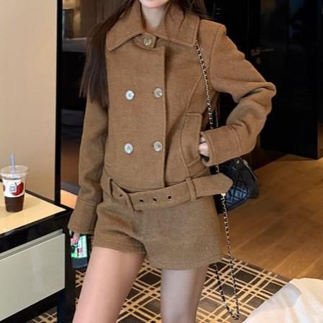 Strawolf-Collared Double-Breasted Plain Jacket High Waist Shorts