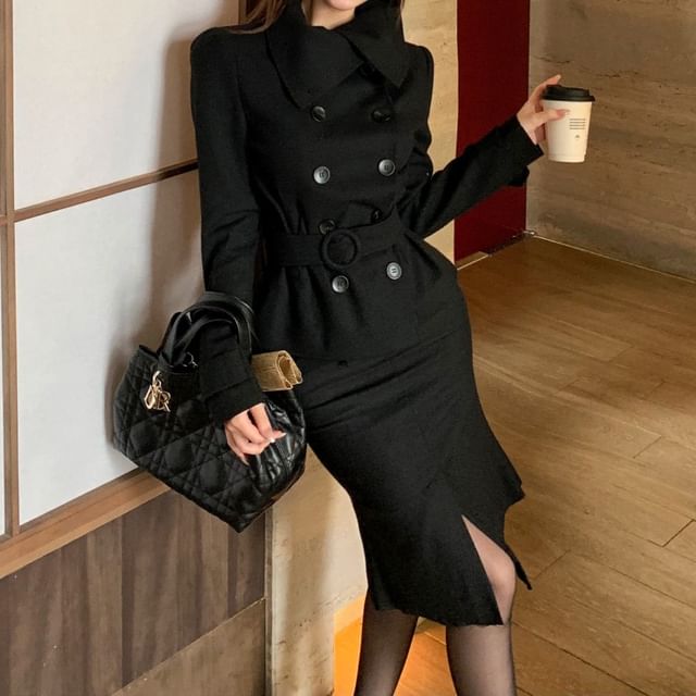 Strawolf-Collared Plain Double Breasted Jacket High Waist Slit Midi Mermaid Skirt
