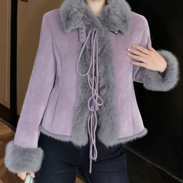 Strawolf-Collared Plain Fluffy Trim Jacket