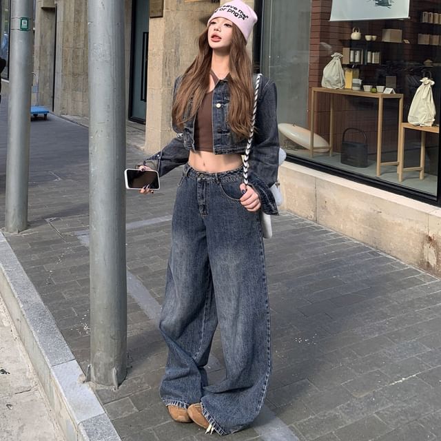 Strawolf-Collared Washed Denim Crop Jacket Mid Waist Washed Wide Leg Jeans