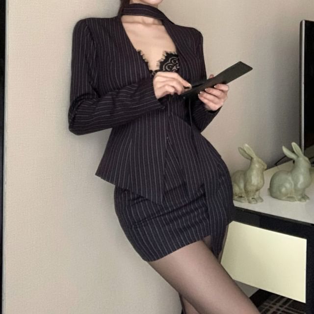 Strawolf-Collarless Striped Single-Button Blazer Scarf High Waist Mini Pencil Skirt Set