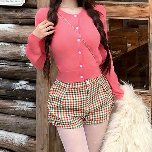 Strawolf-Crew Neck Button-Up Plain Crop Cardigan High Waist Gingham Hot Pants