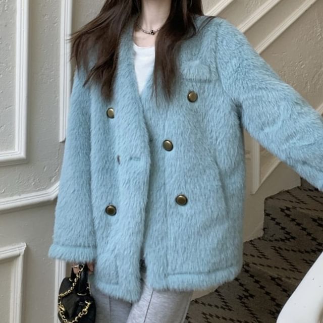 Strawolf-Double Breasted Faux Fur Plain Coat