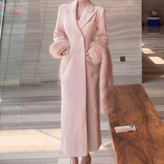 Strawolf-Double Breasted Plain Long Coat