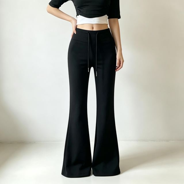 Strawolf-Drawstring Waist Plain Flared Sweatpants