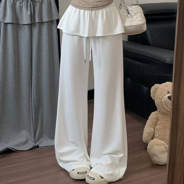 Strawolf-Drawstring Waist Plain Skirt Overlay Wide Leg Pants