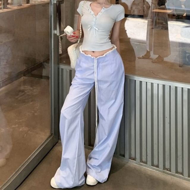 Strawolf-Drawstring Waist Striped Frill Trim Wide Leg Pants