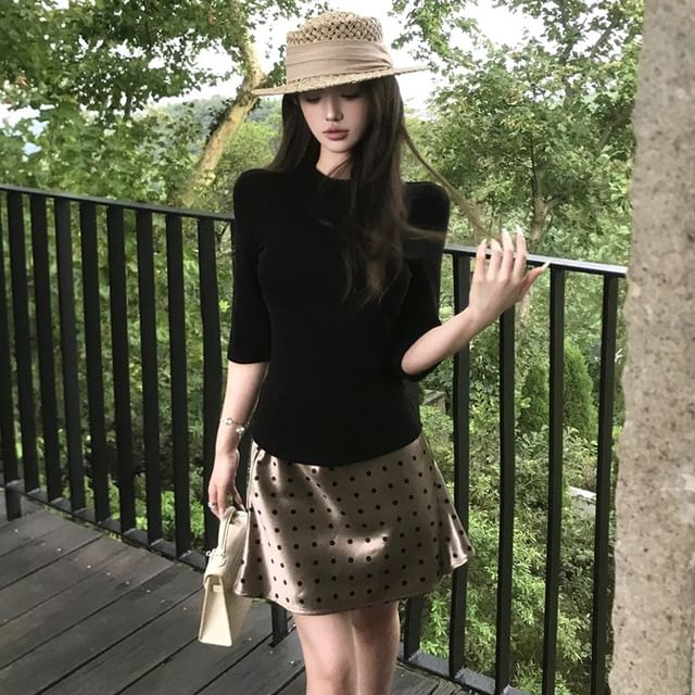 Strawolf-Elbow-Sleeve Plain Knit Top Dotted Mini Skirt