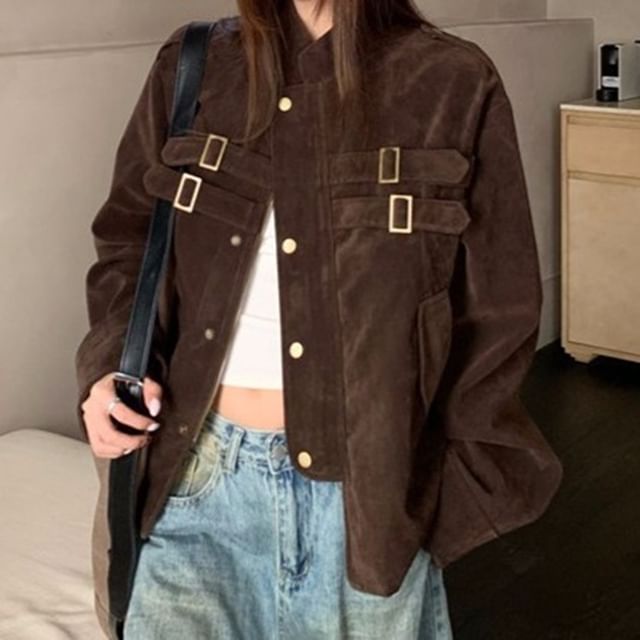 Strawolf-Faux Suede Buckled Button-Up Jacket