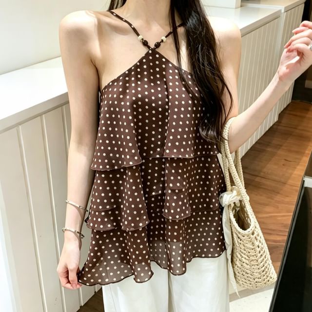 Strawolf-Halter Neck Dotted Tiered Camisole Top