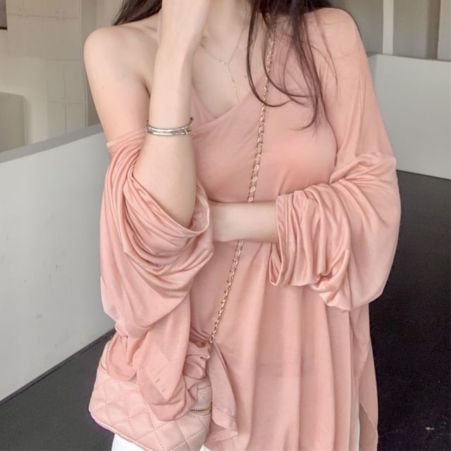 Strawolf-Halter Neck Plain Open Back Top Long-Sleeve Off-Shoulder Sheer Slit T-Shirt