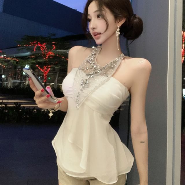 Strawolf-Halter Plain Rhinestone Panel Mesh Top