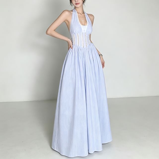 Strawolf-Halter Striped Open Back Lace Panel Maxi A-Line Dress