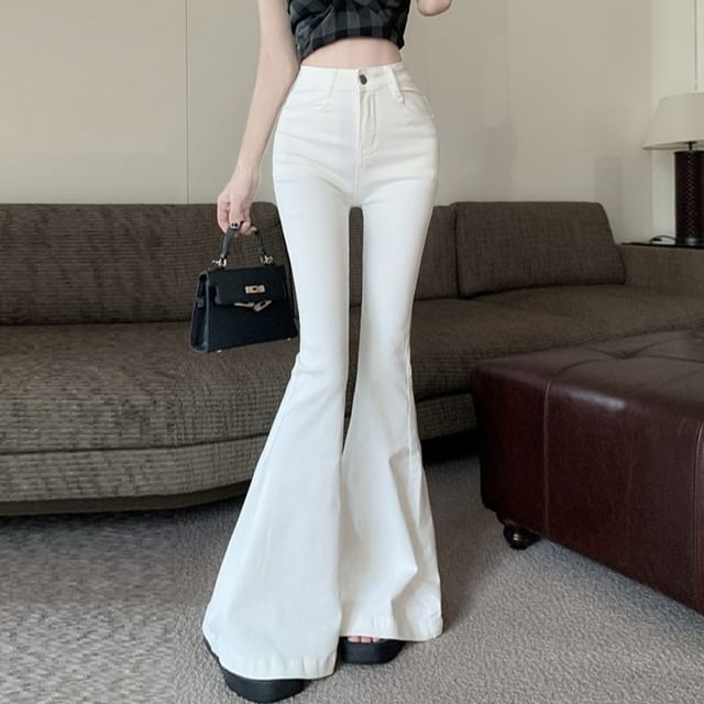 Strawolf-High Rise Plain Bell Bottom Pants