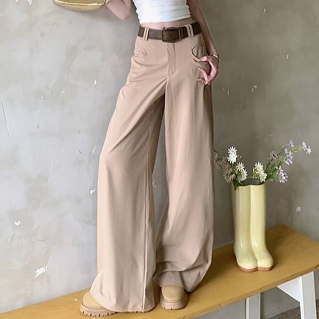 Strawolf-High Waist Plain Wide Leg Pants