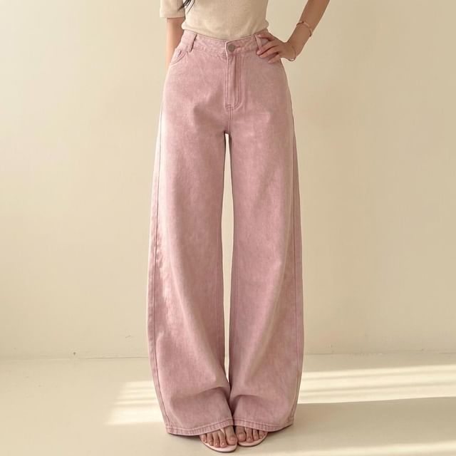 Strawolf-High Waist Washed Wide Leg Jeans