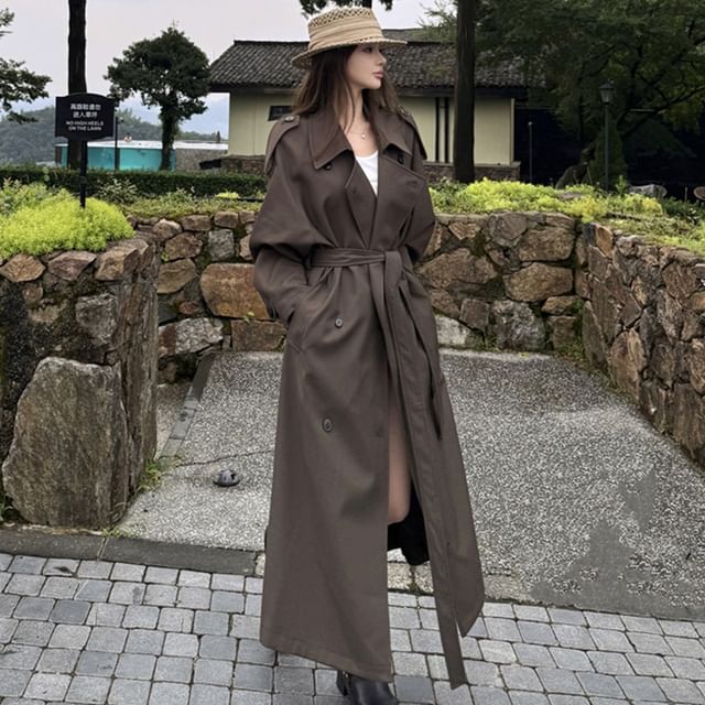 Strawolf-Lapel Collar Plain Midi Double-Breasted Trench Coat