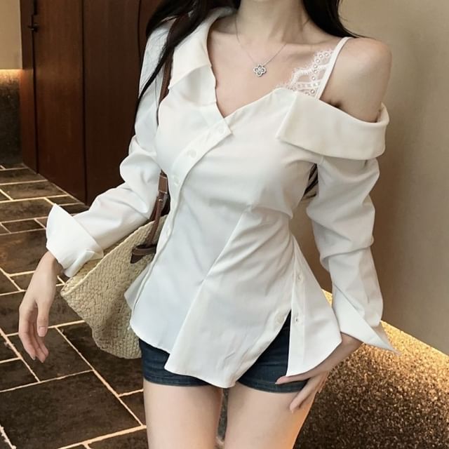 Strawolf-Long-Sleeve Cold Shoulder Asymmetrical Lace Panel Slit Blouse