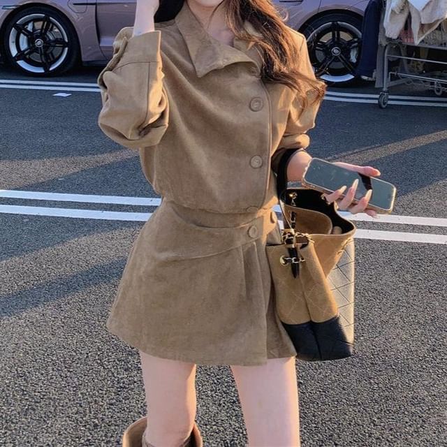 Strawolf-Long-Sleeve Collared Button-Up Plain Faux Suede Mini A-Line Dress