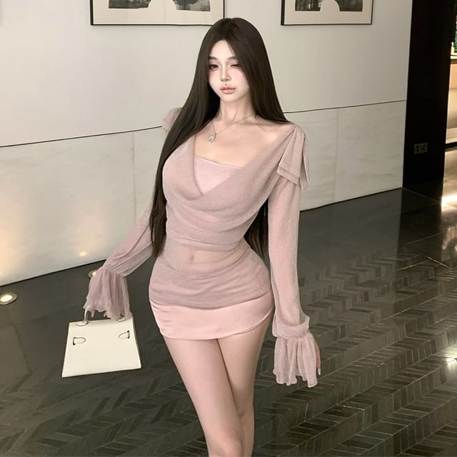 Strawolf-Long-Sleeve Cowl Neck Glitter Sheer Slim Fit Top