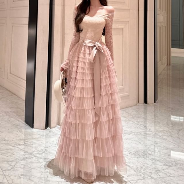 Strawolf-Long-Sleeve Off-Shoulder Lace Panel Tiered Mesh Maxi A-Line Dress