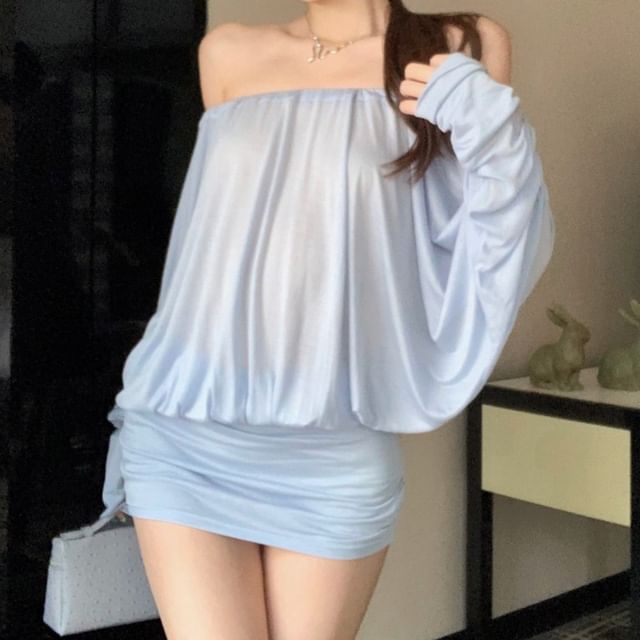 Strawolf-Long-Sleeve Off-Shoulder Plain Mini Sheath Dress