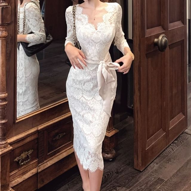 tie side bodycon dress Long-Sleeve Scoop Neck Tie-Side Midi Lace Color:Banana Define your evening look Occasion:New Year Beige Floral Cotton Strapless