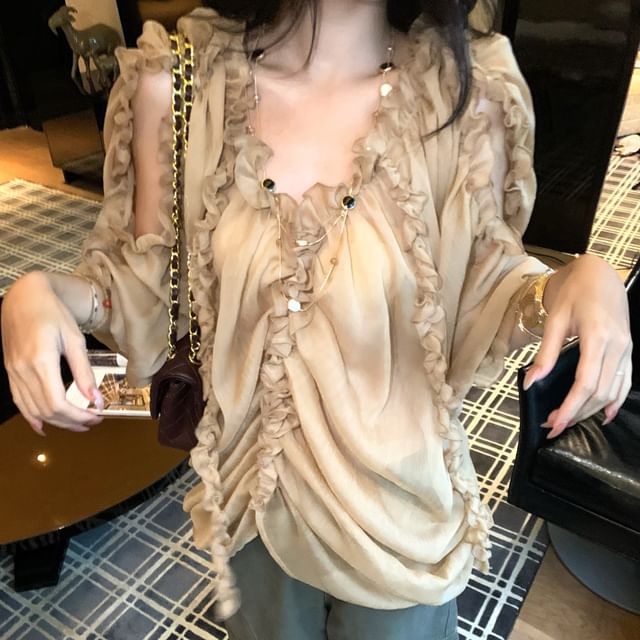 Strawolf-Long-Sleeve V-Neck Cold Shoulder Frill Trim Top