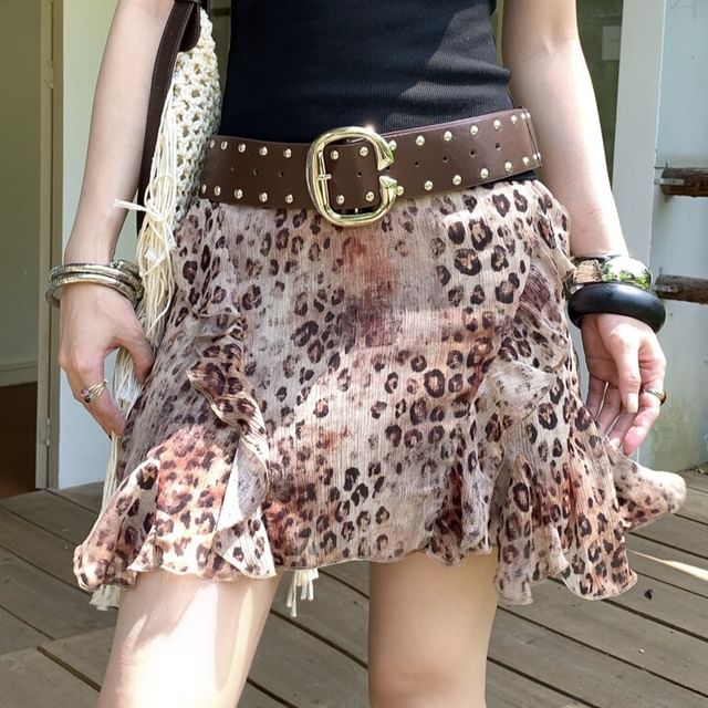 Strawolf-Mid Rise Leopard Print Ruffle Mini A-Line Skirt