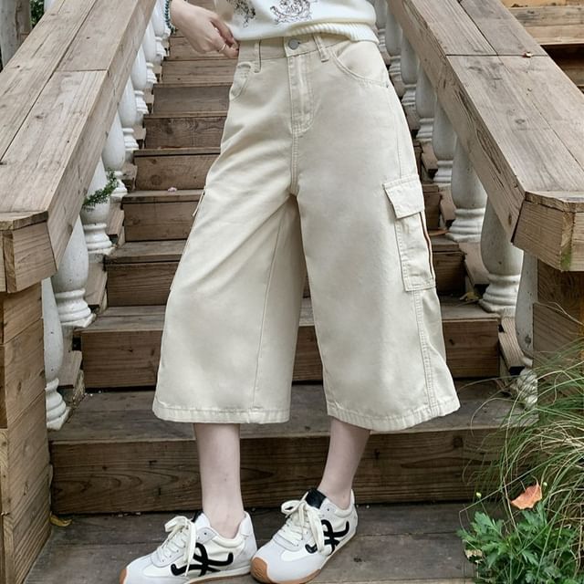 Strawolf-Mid Rise Plain Cropped Wide Leg Cargo Jeans