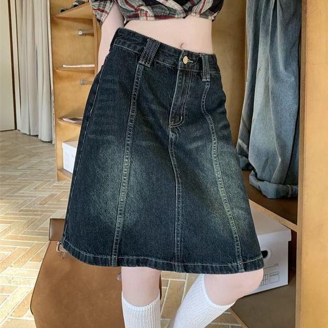 Strawolf-Mid Rise Washed Denim A-Line Skirt