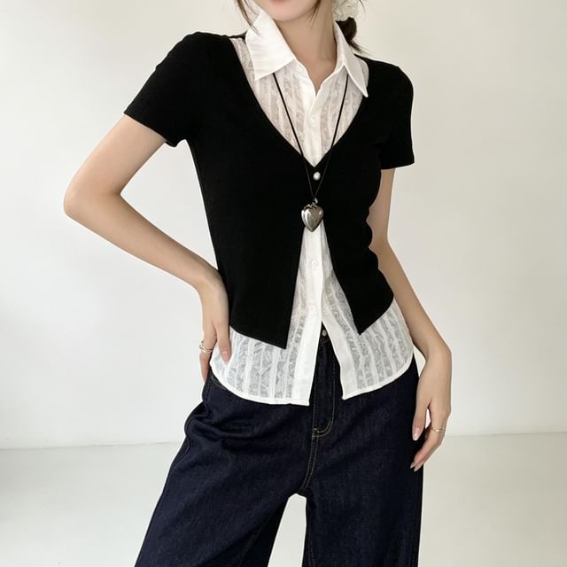 Strawolf-Mock Two-Piece Short-Sleeve Collared Two Tone Top
