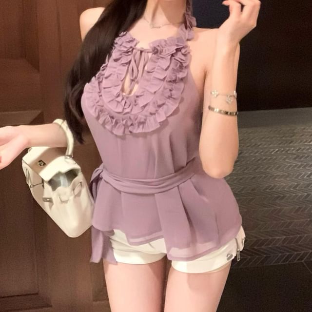 Strawolf-Notch Neck Plain Ruffle Halter Top