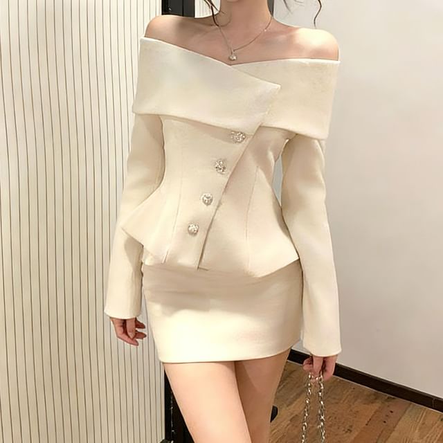 Strawolf-Off-Shoulder Button-Up Plain Crop Jacket High Waist Mini Pencil Skirt