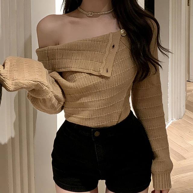 Strawolf-Off Shoulder Plain Button Detail Sweater