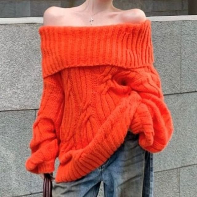 Strawolf-Off Shoulder Plain Cable Knit Sweater
