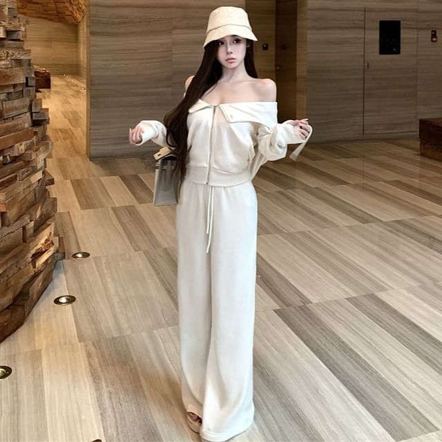 Strawolf-Off Shoulder Plain Zip Jacket Drawstring Waist Plain Wide Leg Pants