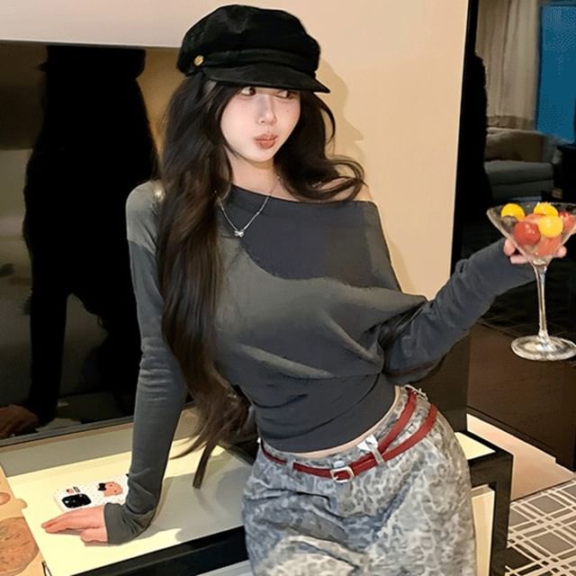 Strawolf-One-Shoulder Long-Sleeve Plain T-Shirt