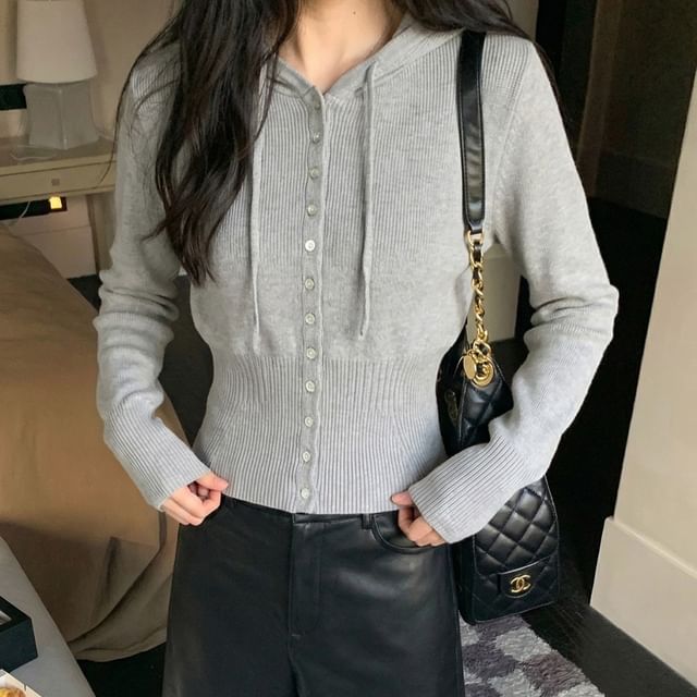 Strawolf-Plain Hooded Button-Up Crop Cardigan