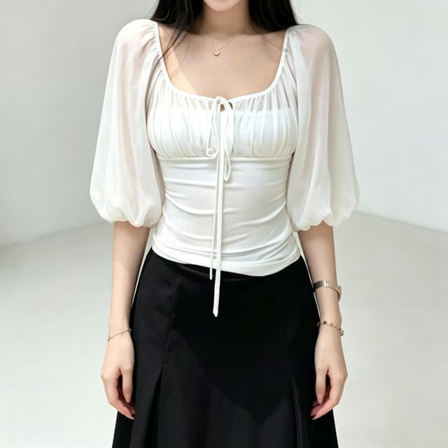 Strawolf-Puff-Sleeve Crewneck Plain Chiffon Crop Blouse