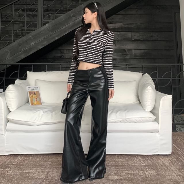 Strawolf-Round Neck Striped Button Up Crop Cardigan Low Rise Plain Faux Leather Flared Pants