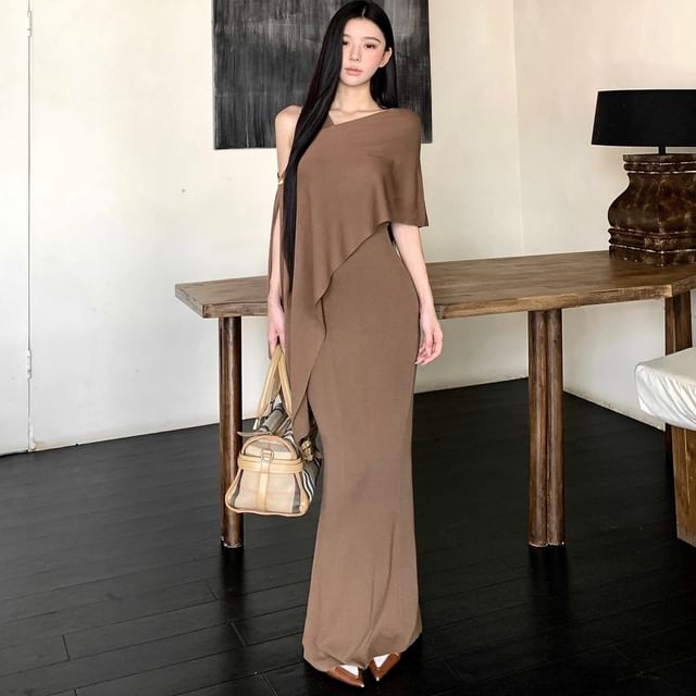 Strawolf-Set Cold-Shoulder Asymmetrical Plain Cape High Rise Midi Fishtail Skirt