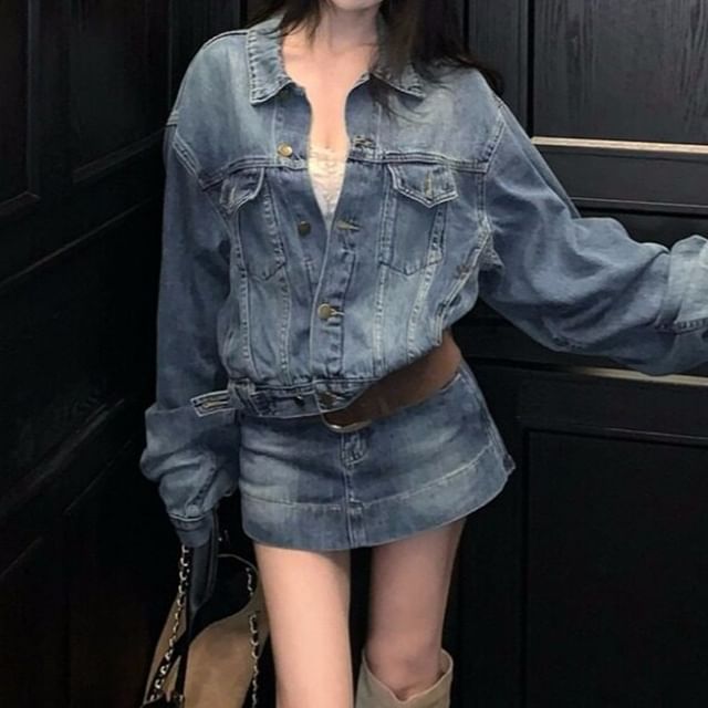 Strawolf-Set Collared Washed Denim Button Up Jacket Mid Rise Mini A-Line Skirt