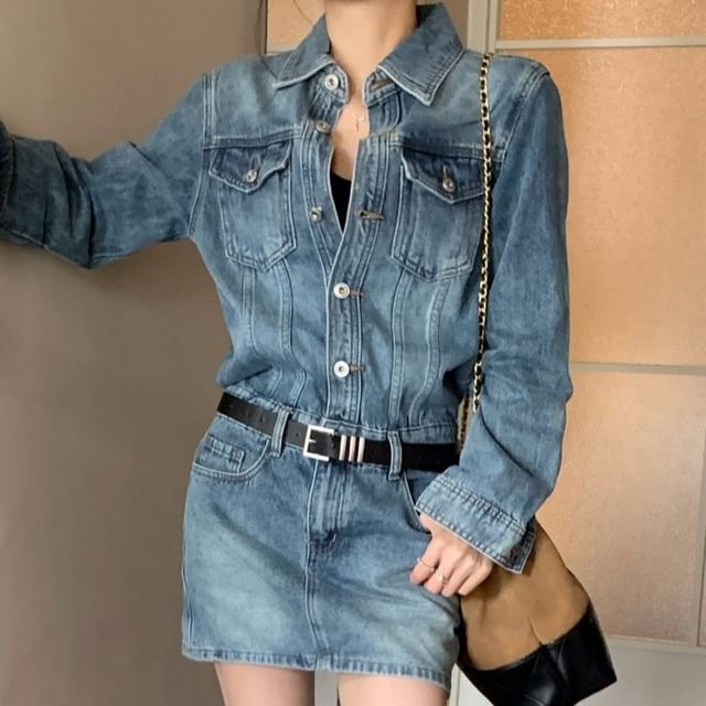 Strawolf-Set Long-Sleeve Collared Half-Buttoned Denim Mini Sheath Dress Belt