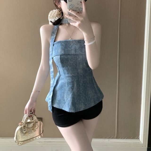 Strawolf-Set Rhinestone Denim Tube Top Light Scarf