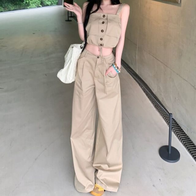 Strawolf-Set Sleeveless Square Neck Button-Up Plain Crop Top High Waist Wide Leg Pants