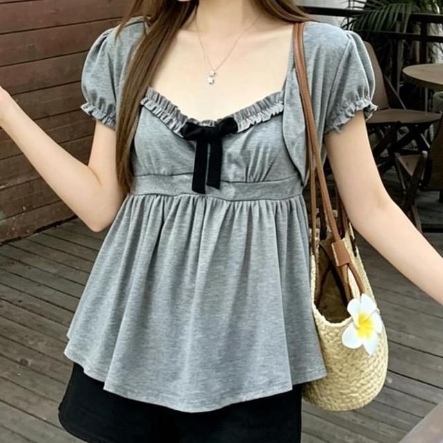 Strawolf-Short-Sleeve V-Neck Plain Mock Two Piece Ruffle Trim Top